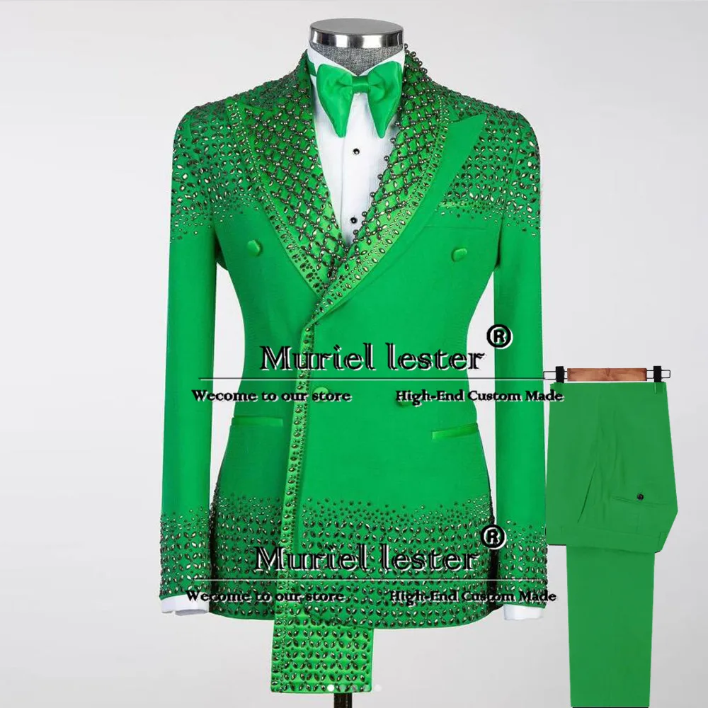 Man Performance Suits Double Breasted Diamond Beaded Prom Blazer Tailor-made Formal Party Groom Wedding Tuxedo trajes de hombre