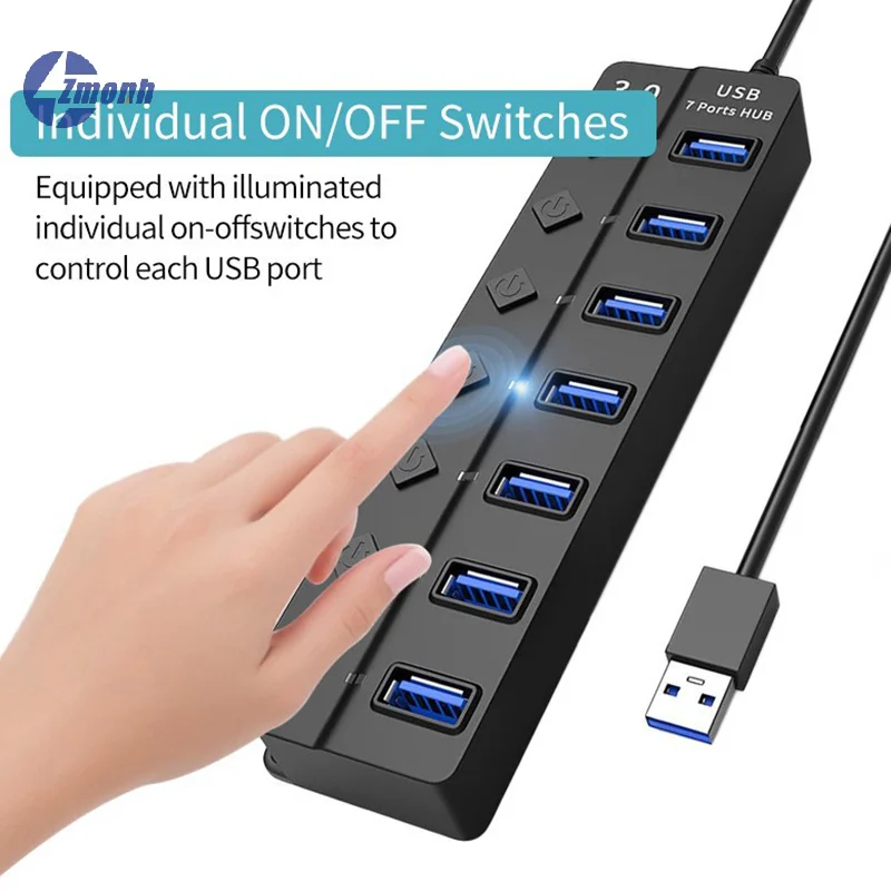 New！USB3.0 HUB 4in1 7in1 USB Splitter .0 USB Adapter Multi-Port Independent Power Switch Extender 30CM Cable