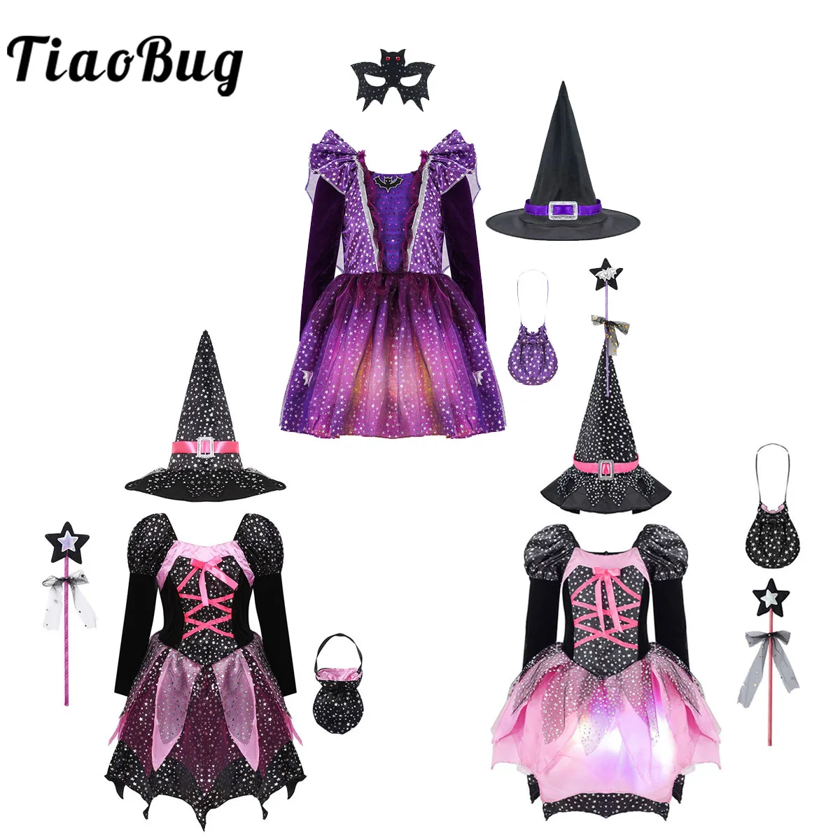 Kids Girls Light Up Witch Costume Halloween Cosplay Glittery Mesh Party Tutu Dress LED Suit Princess Magic Festival Dress Up