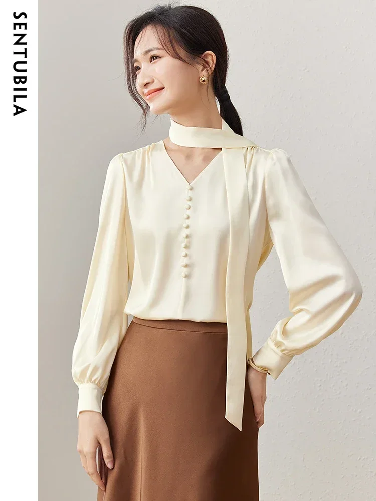 

SENTUBILA Ribbon Satin Blouse Women High Quality 2025 Spring Fall Elegant Ladies Long Sleeve Female Tops Woman Clothes 133V50405