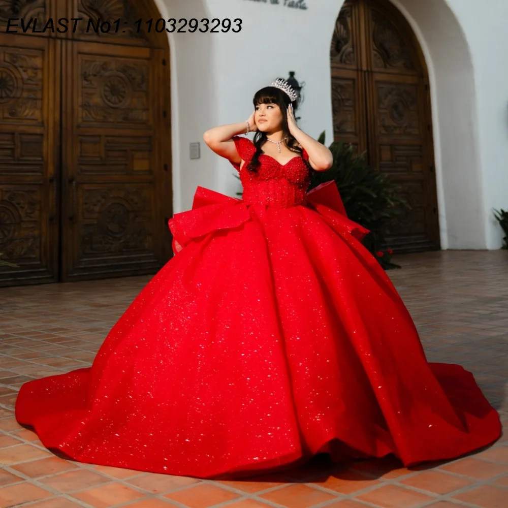 

EVLAST индивидуальное блестящее красное бальное платье Quinceanera платье с блестящей кружевной аппликацией и бантом из бисера Sweet 16, Vestidos De 15 Anos E1QN288
