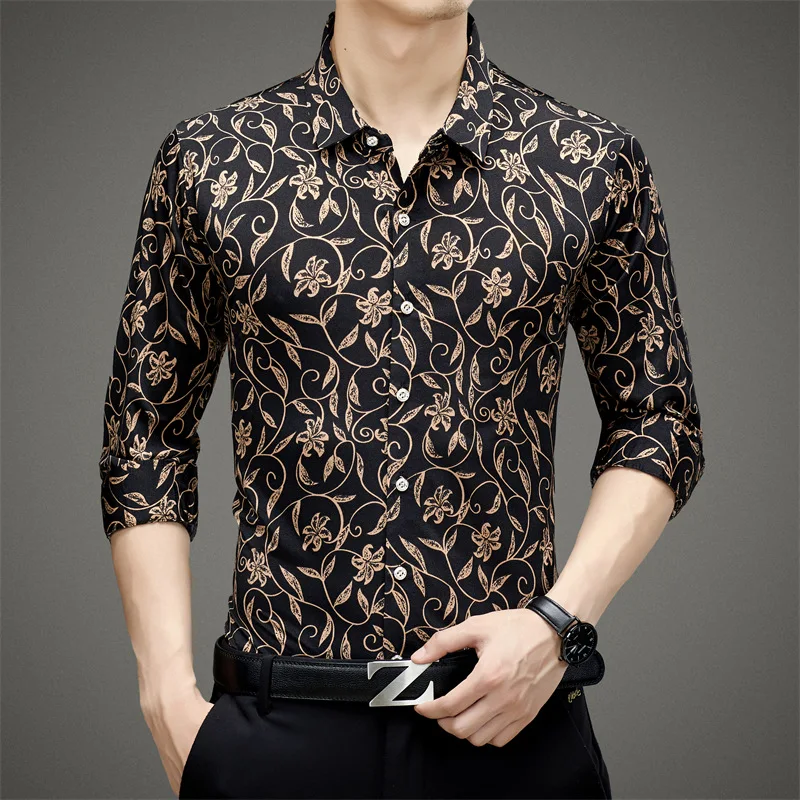 

High Quality 2024 Spring Long Sleeved Elastic Ice Silk Man Shirt Business Casual Jacquard Middle Aged Dad's Wear Loose Clothing