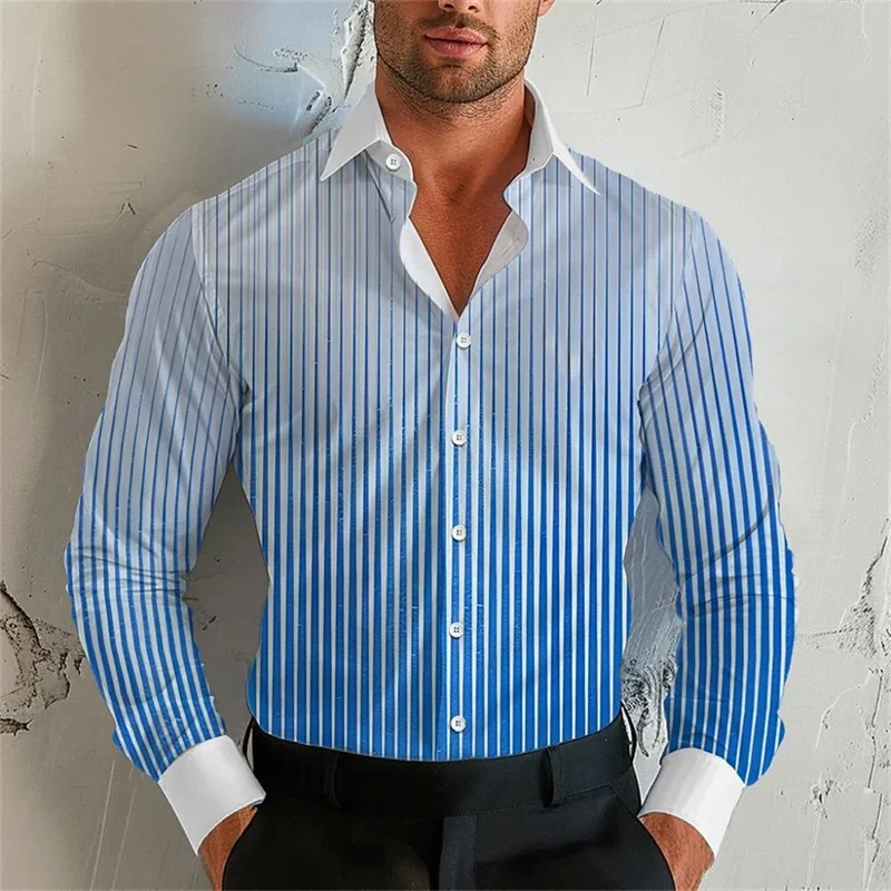 2024 Striped Gradient Men\'s Shirt Lapel Long Sleeve Shirt Extra Large Size XS-6XL Design Comfortable Soft Men\'s High Quality