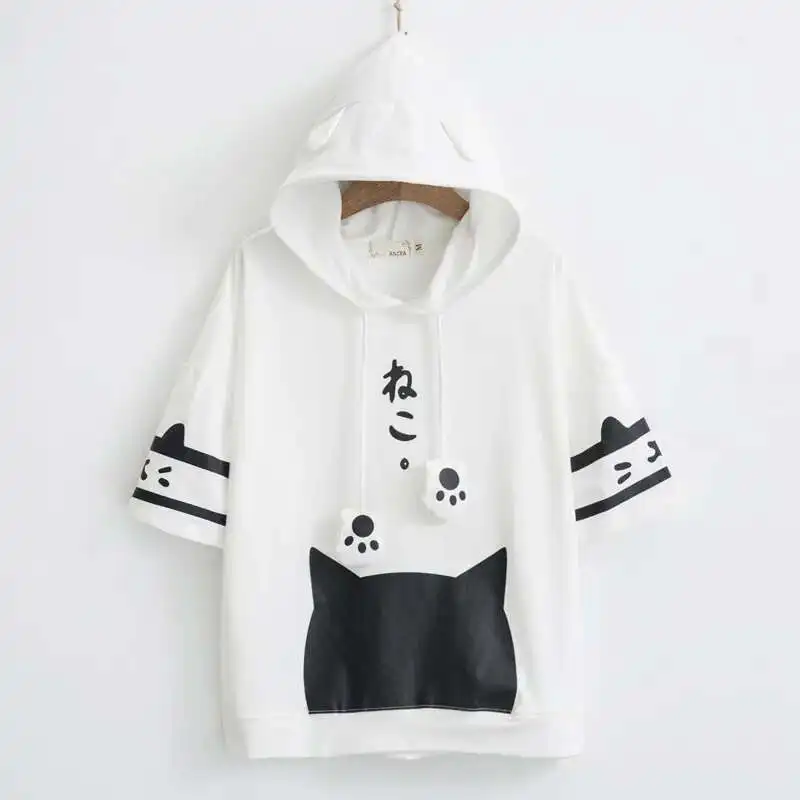Mori Women Harajuku Kawaii Graphic T Shirt 2025 Summer Teen Girl Cat Ears Hooded T-shirt Short Sleeve Japanese Letter Print Top