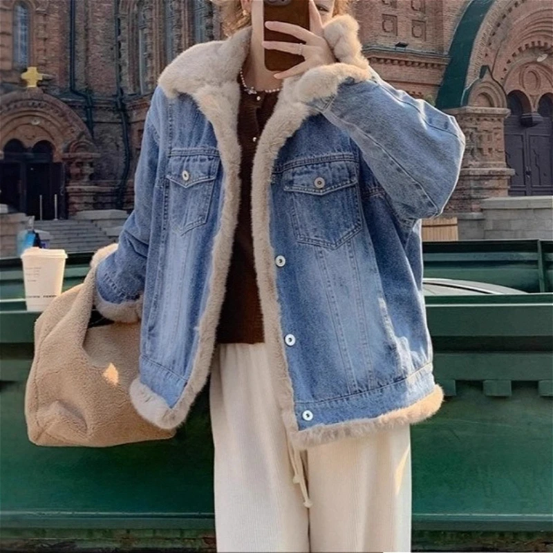 

Denim Parkas Coats Moto Biker Jeans for Women Jacket Pocket Single Breasted Turn Down Collar Thick Casual 2025 Autumn Winter