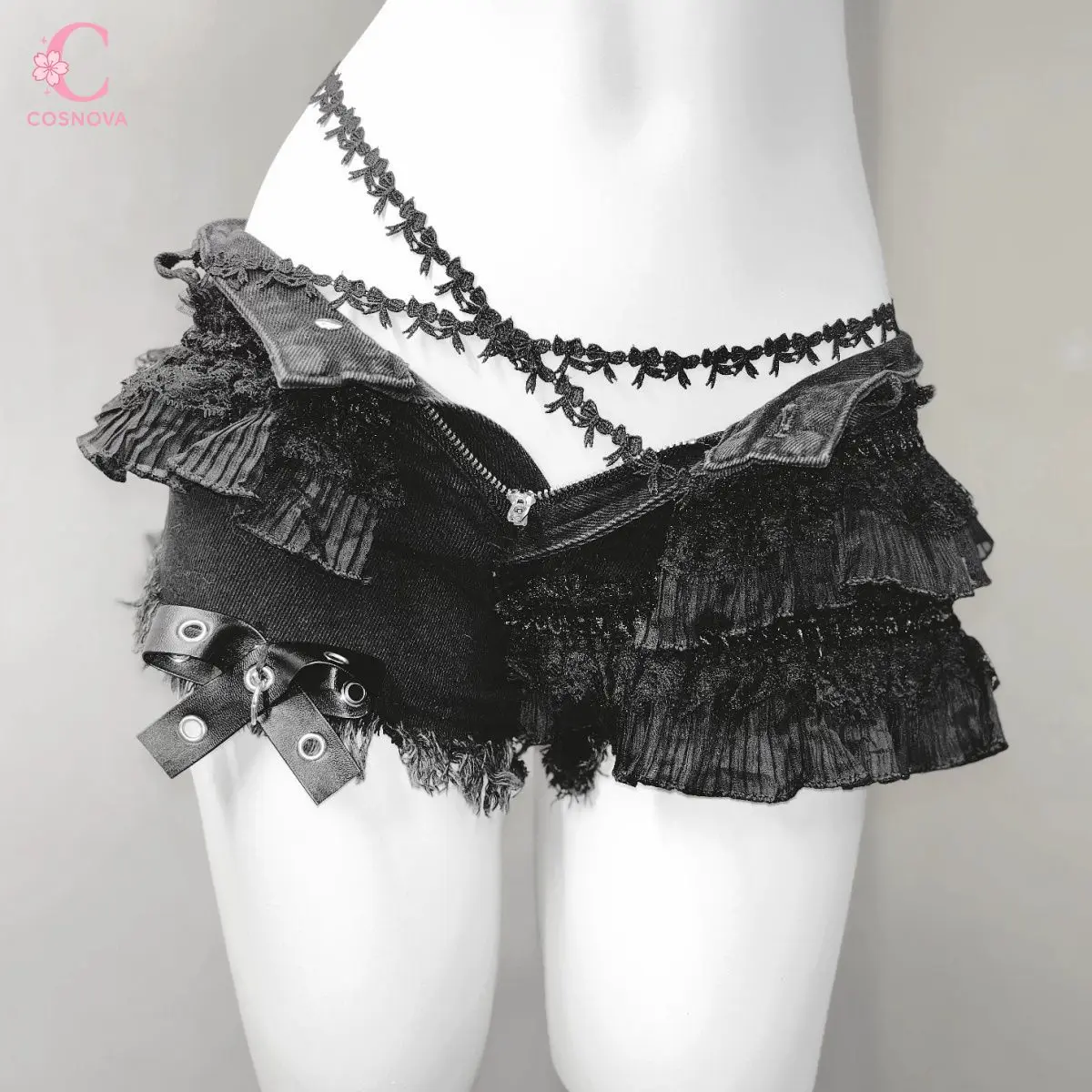 

Y2k Sexy Angel Style Lace Tie Up Layered Ruffle Frayed Denim Hot Shorts Women Bow Buckle Zipper Hot Shorts Club Party Streetwear