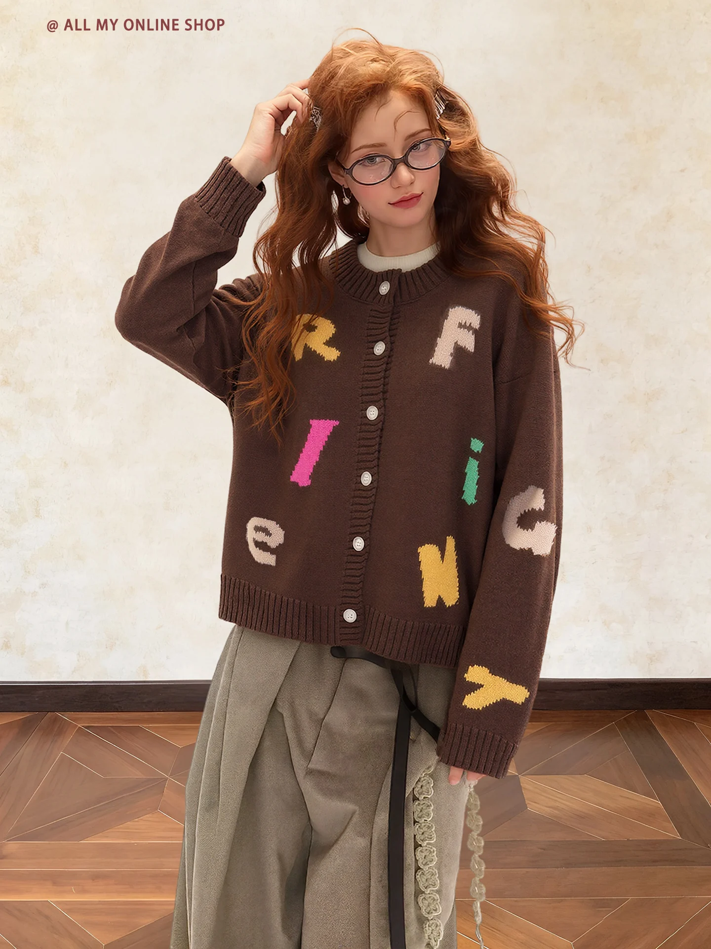 

American Retro Fun Letter Knitted Open Cardigan Women's Loose Sweater Jaet round Ne Long Sve Soft Polyester Fiber