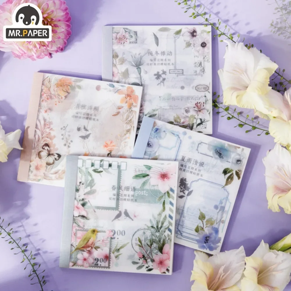 Mr. Paper Light Retro Floral Sticker Book Four Seasons Theme Double Material Handbook Backing Decal Stationery 20pcs/book