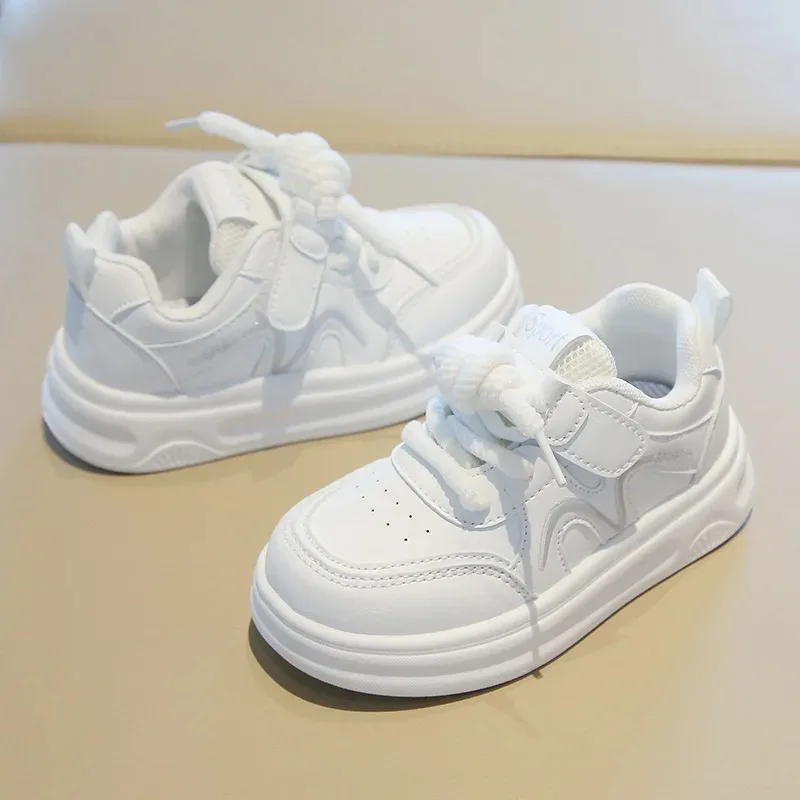 

Children Spring Autumn Lightweight Front Lace Up Velcro Sneakers Girls Fashion White Shoes Boys Casual Soft Soled Shoes Neutral
