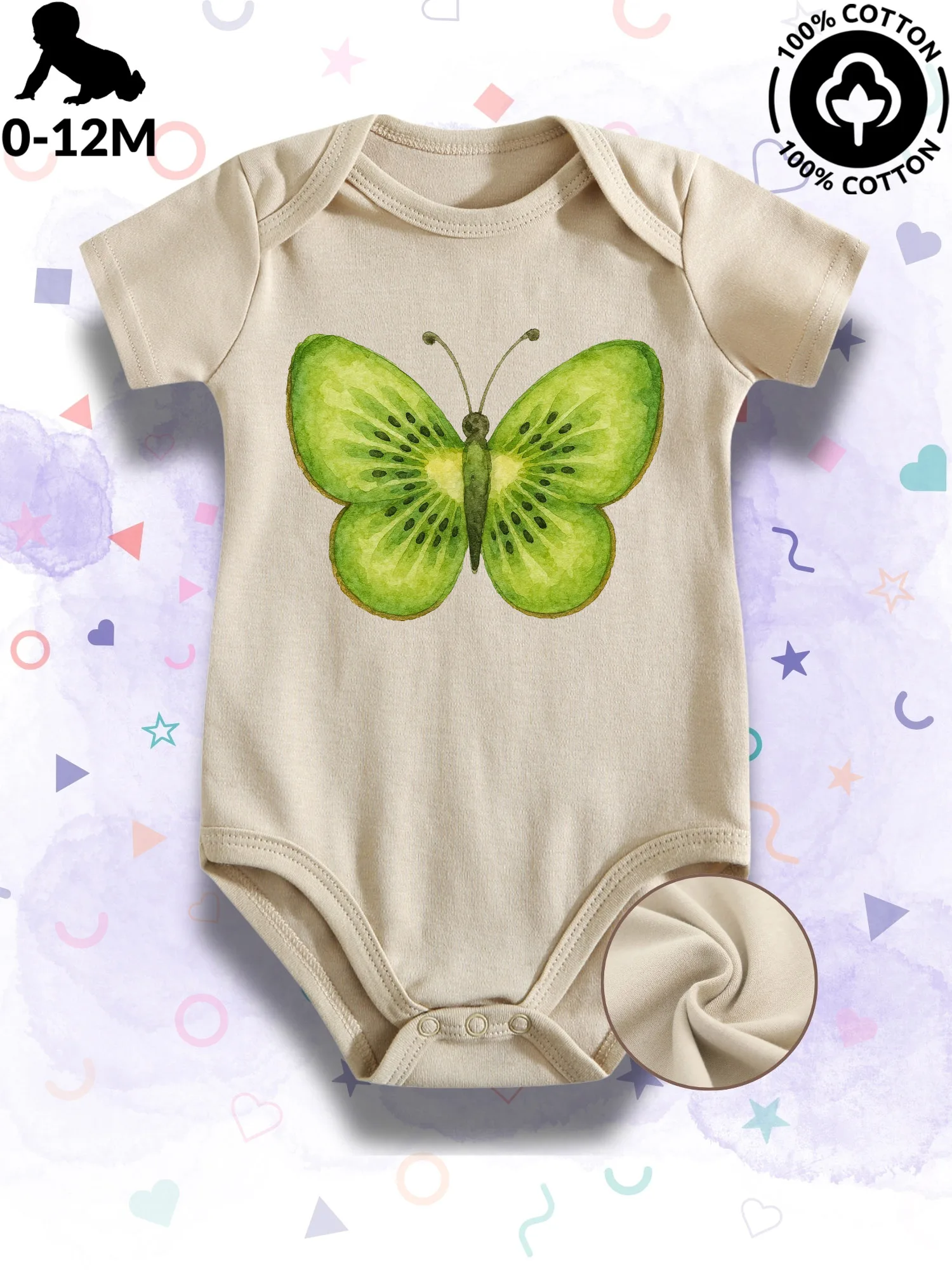 

Детский комбинезон-боди унисекс с акварельным принтом «Киви-бабочка», 100% хлопок, мягкий, всесезонный, бежевый, для ползания, 190 г/м²