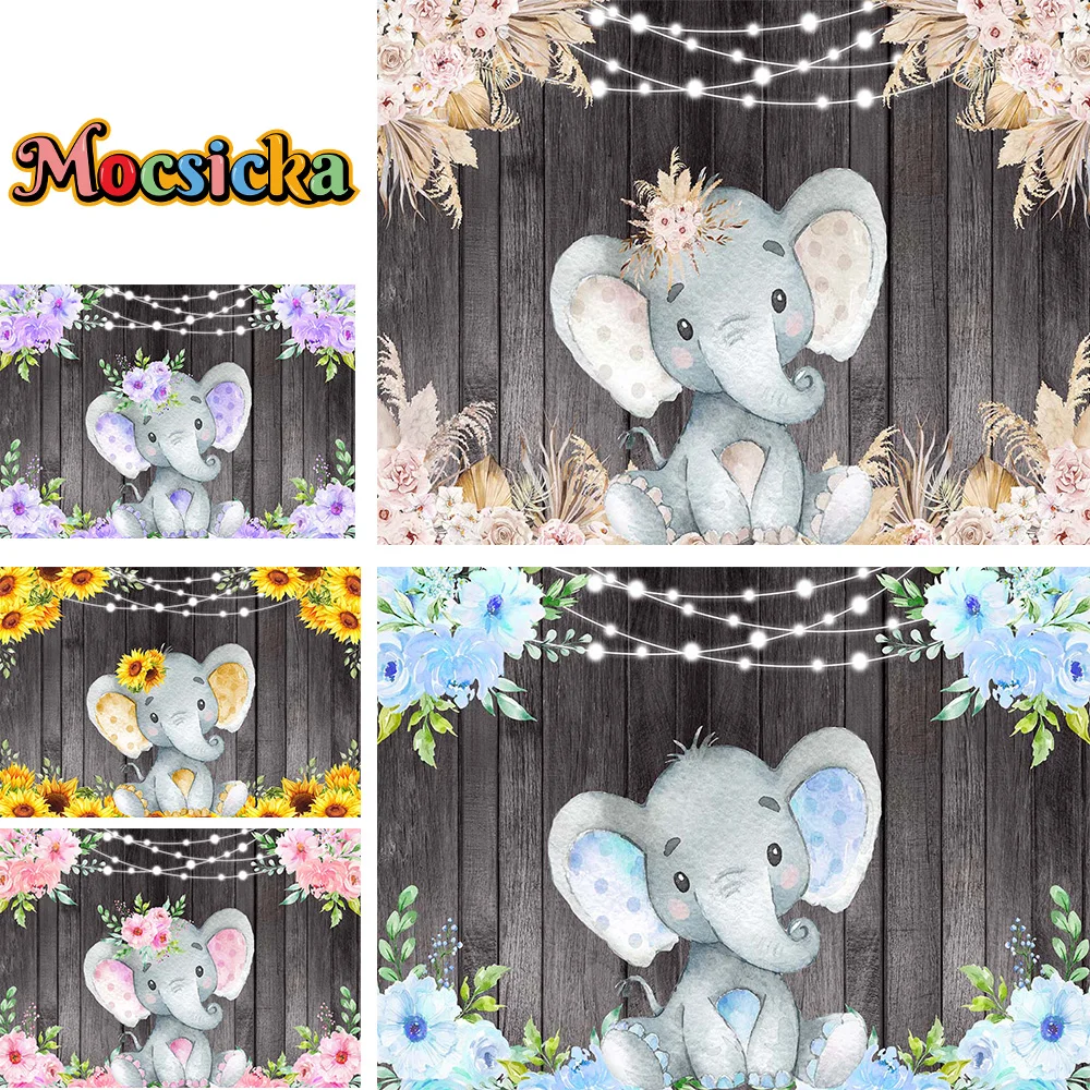 

Boy Girl Elephant Them Birthday Party Wood Background Flower Light Custom Photography Backdrop Prop Newborn Baby Shower Decor