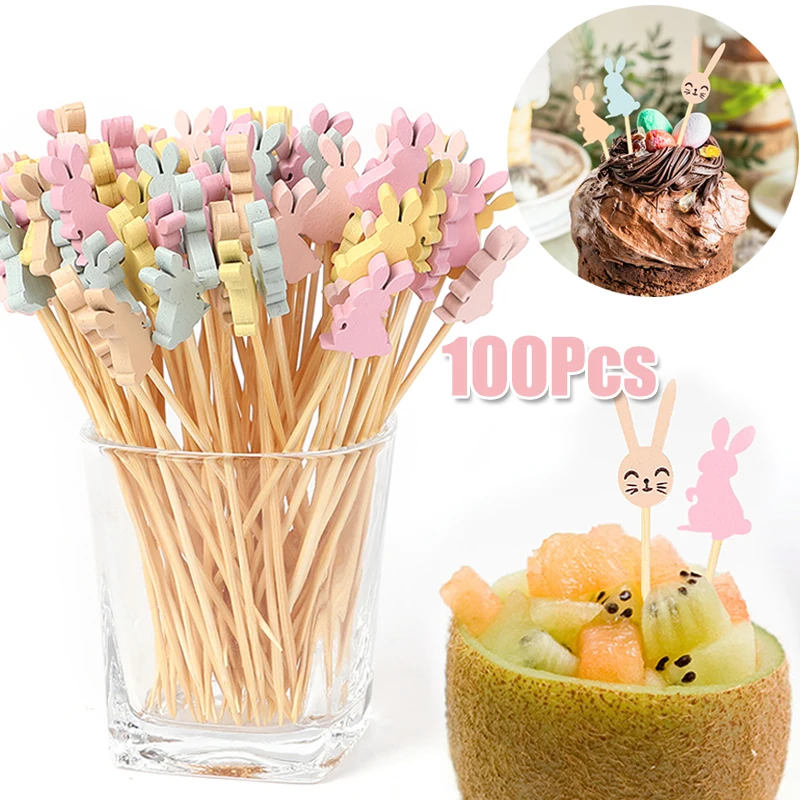 

Easter Disposable Bamboo Skewers Color Rabbit Food Pick Dessert Fruit Fork Cake Topper Happy Easter Party Decor Toothpick Skewer