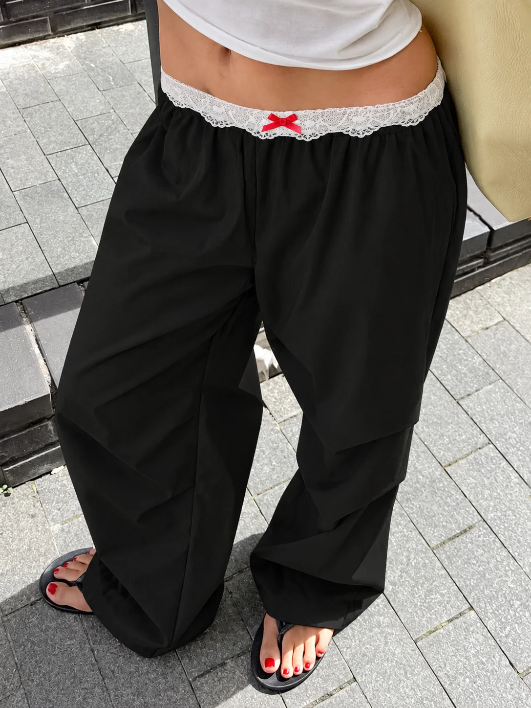 Y2K Lace Trim Low Rise Cargo Pants Women Baggy Wide Leg Loose Fit Parachute Pants Streetwear Casual Contrast Wide Leg Pant