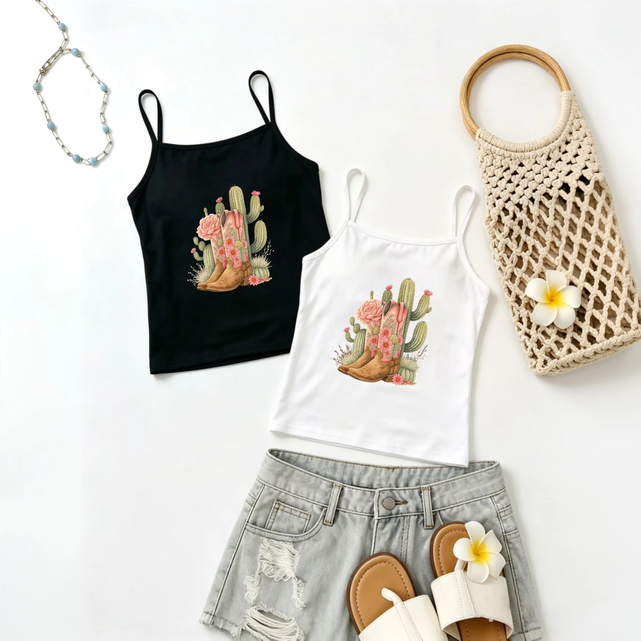 Cowboy Boot Camisole Women Cactus Floral Graphic Tank Tops Ranch Horse Riding Road Trip Backyard BBQ Holiday Outwear
