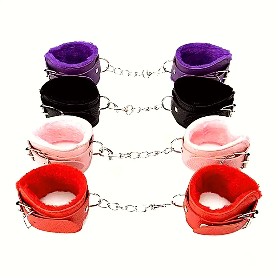 Esposas de felpa de cuero PU, pulsera para pies, coqueteo, encuadernación, esclavo, ataduras de Bondage BDSM, Juguetes sexuales para mujeres y parejas