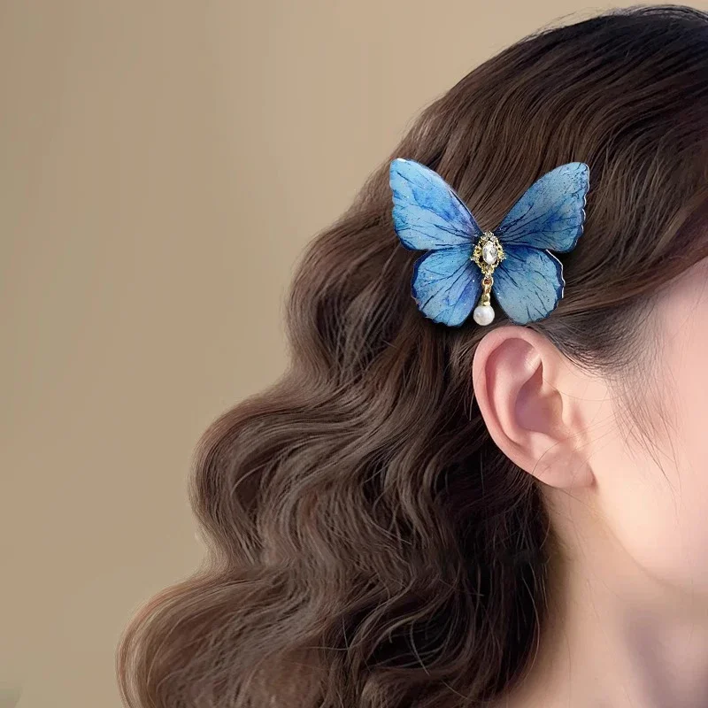 女の子のためのグラデーションパープルバタフライヘアピン、ヴィンテージイミテーションパールペンダント、アリゲータークリップ、甘いサイドダクビルクリップ、韓国エレガント