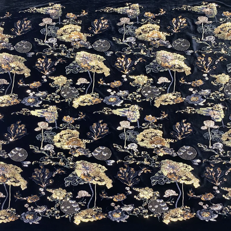Vintage Mixed-size Sequin Embroidered Velvet Base Fabric Sewing Cloth for Qipao Dresses Vests Coats  Designer Outfits