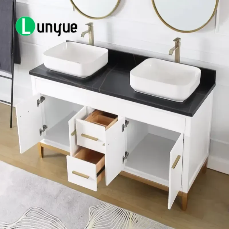 Modern Minimalist Eco Friendly Durable Wind Rock Slab Double Sink 60 Inch White Bathroom Washstand Cabinet For Home