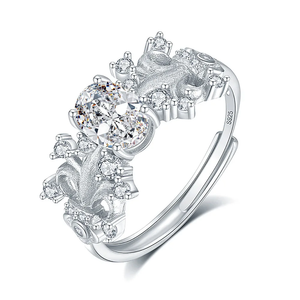 S925 Rhodium Plated 5x7mm 1CT D Color Oval Moissanite Royal Estate Ring for Women - Adjustable Open Design Elegant Jewelry Gift.