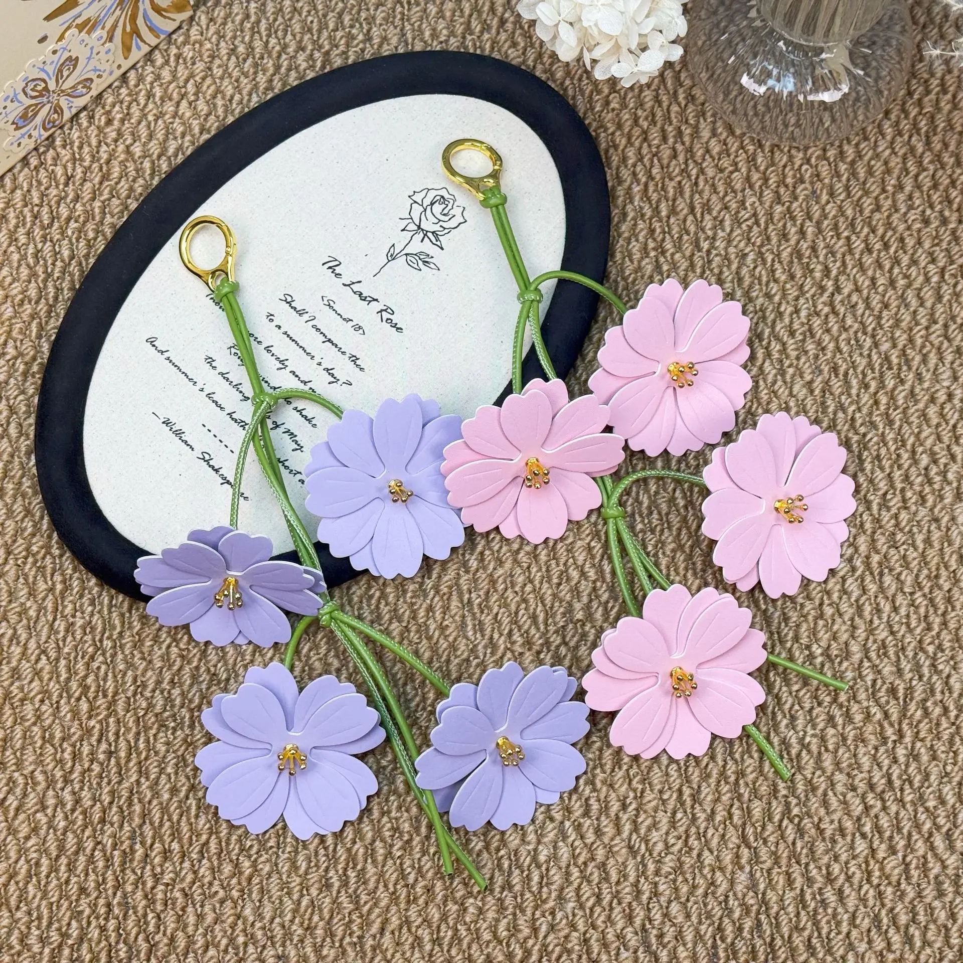 Sakura Flower Handmade leather Woven Keychain Ornament Unique Bell Flower Decorative Hanging Pendant for Bags New Style