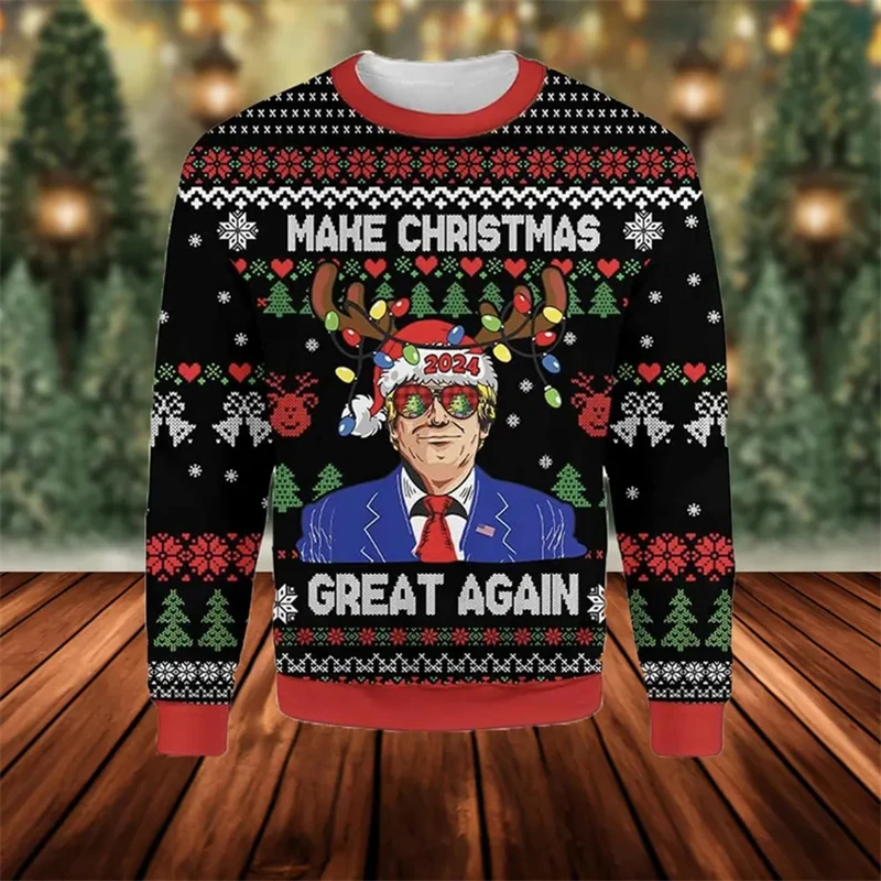 Funny Trump Graphic Sweatshirt For Men Fashion Trend Holiday Xmas Crew Neck Ugly Christmas Sweater Loose Streetwear Pullovers