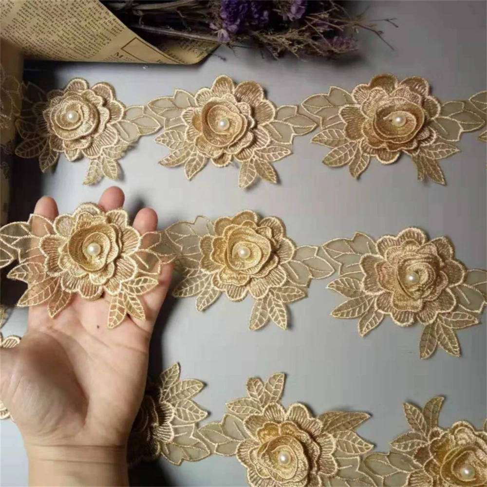 

2 Yard Soluble Gold Rose Flower Pearl Chiffon Embroidered Lace Trim Ribbon Fabric Handmade Vintage Wedding Dress Sewing Craft