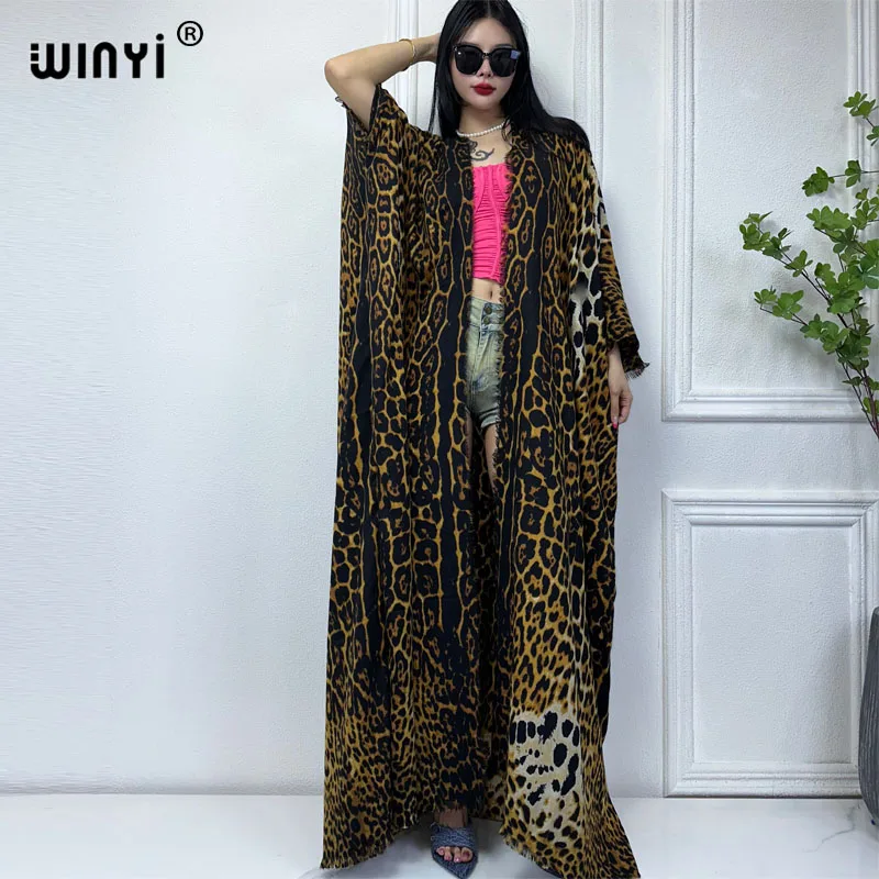 WINYI 2023 new winter clothes for women Leopard print Africa Luxury Long Fur Loose dress Thick Warm long down coat winter abaya