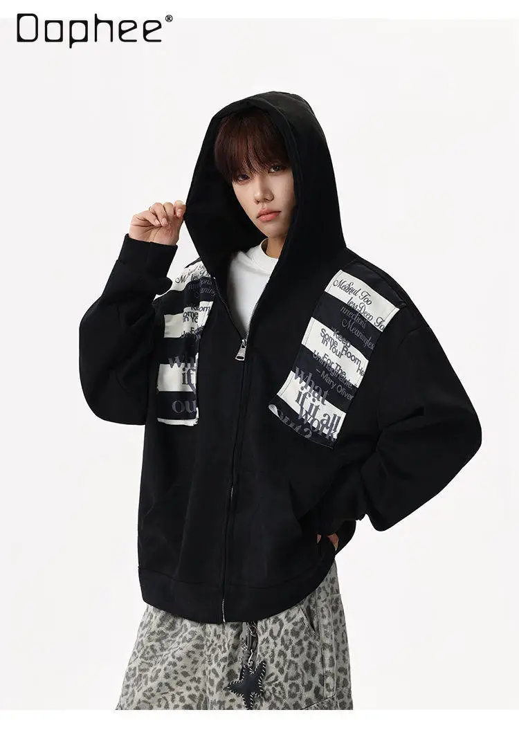 

Spring and Autumn New American High Street Sports Style Men's Alphabet Patch White Black Loose Casual Daily Hoodie