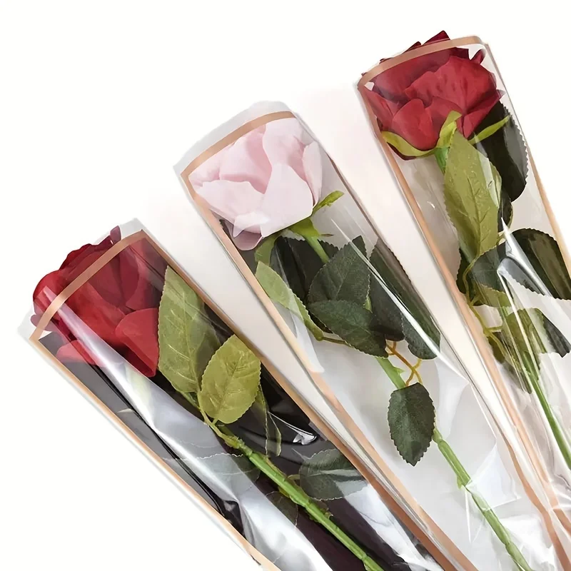 50pcs Rose Flower Packaging Bag Bouquet Transparent Glass Paper Single Branch Flower Packaging Paper For Wedding Party Gift