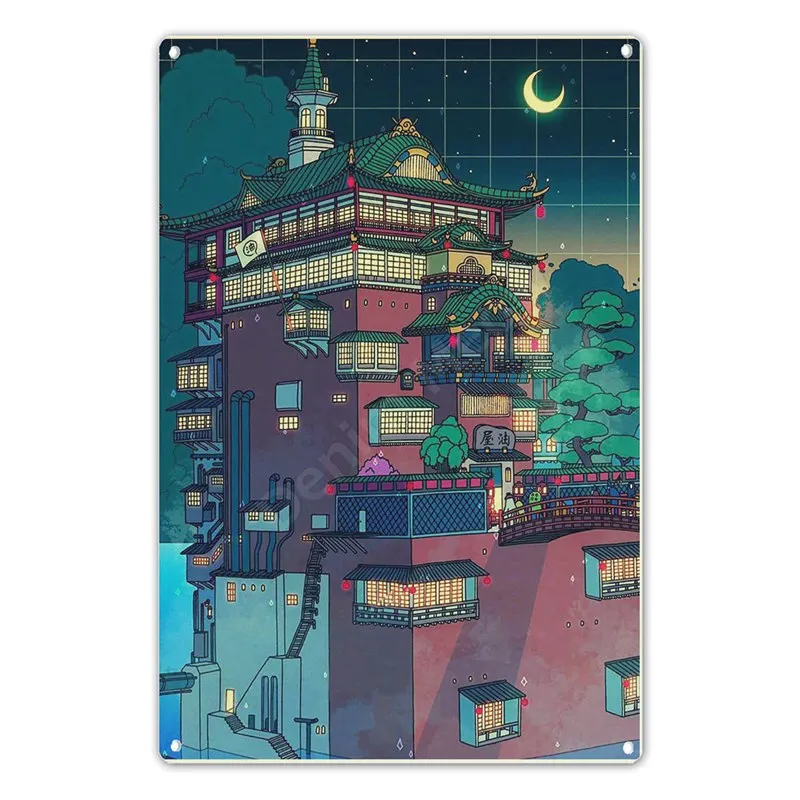 Vintage Japanese Style Anime Metal Sign Poster, Landscape Wall Stickers, Home Room Decor, Cartoon Painting, Gifts for Kids