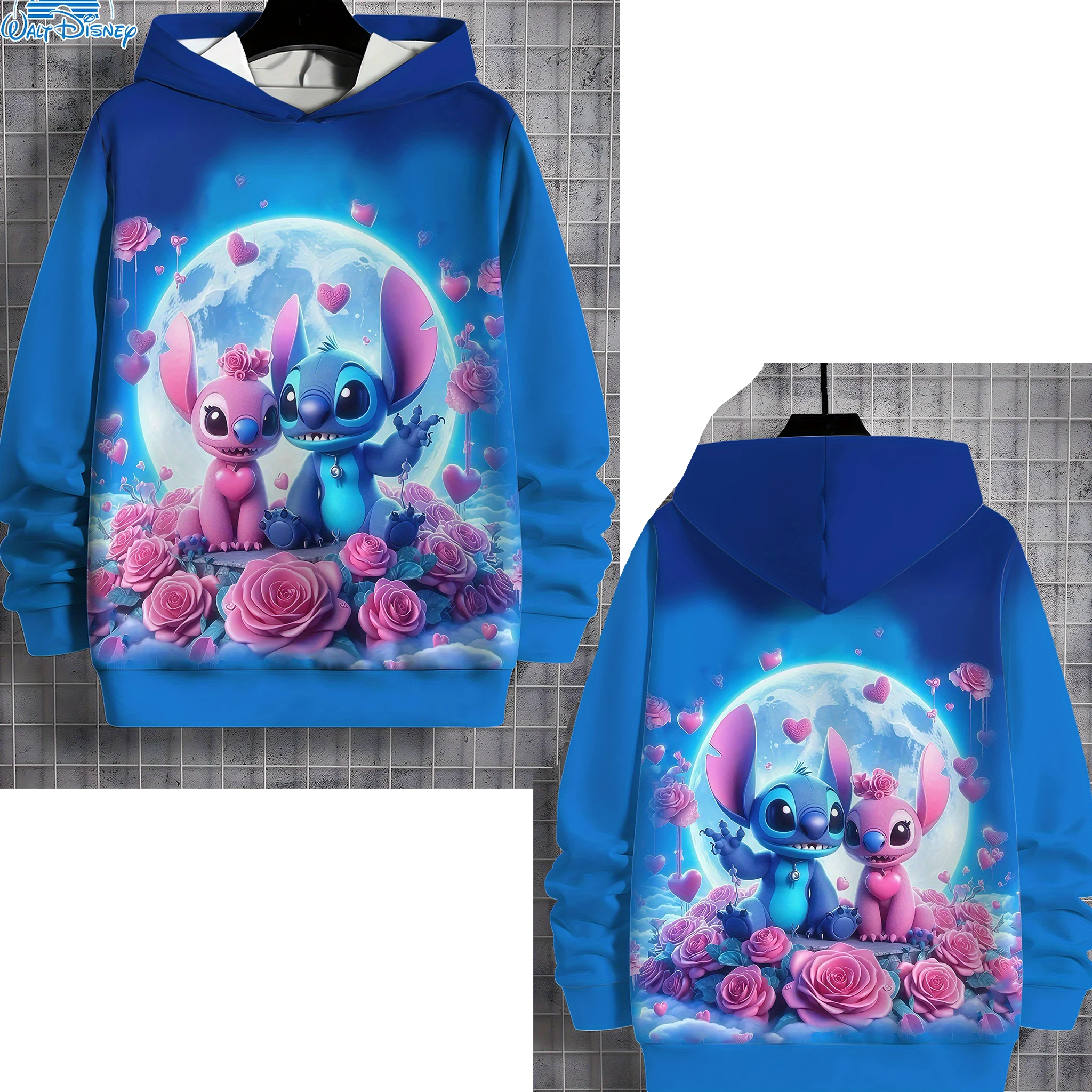 سويت شيرت بغطاء للرأس متعدد الاستخدامات للأطفال، طباعة رومانسية من Stitch Angel، بلوزة للأطفال للجنسين لجميع المواسم، مثالية للملابس الخارجية