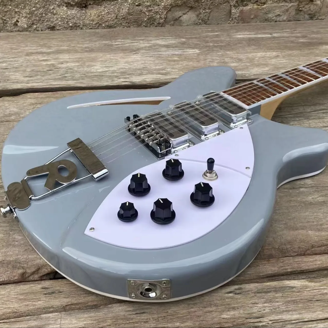 Guitarra Eléctrica Semihueca de 12 Cuerdas, Color Gris, Puente en Forma de R, Diapasón de Palisandro, 3 Pastillas, Guitarra de Calidad