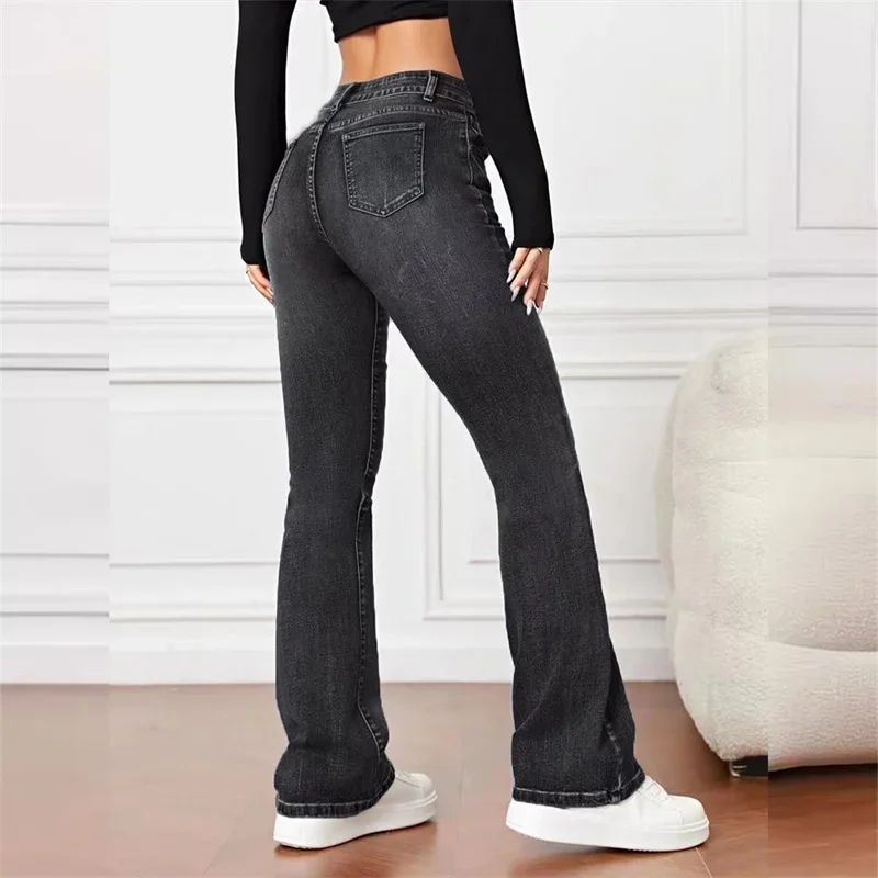 Women New Casual Micro Flares Jeans Vintage Mid Waist Button Splice Denim Pants Female Office Commuter Trousers Trend Streetwear