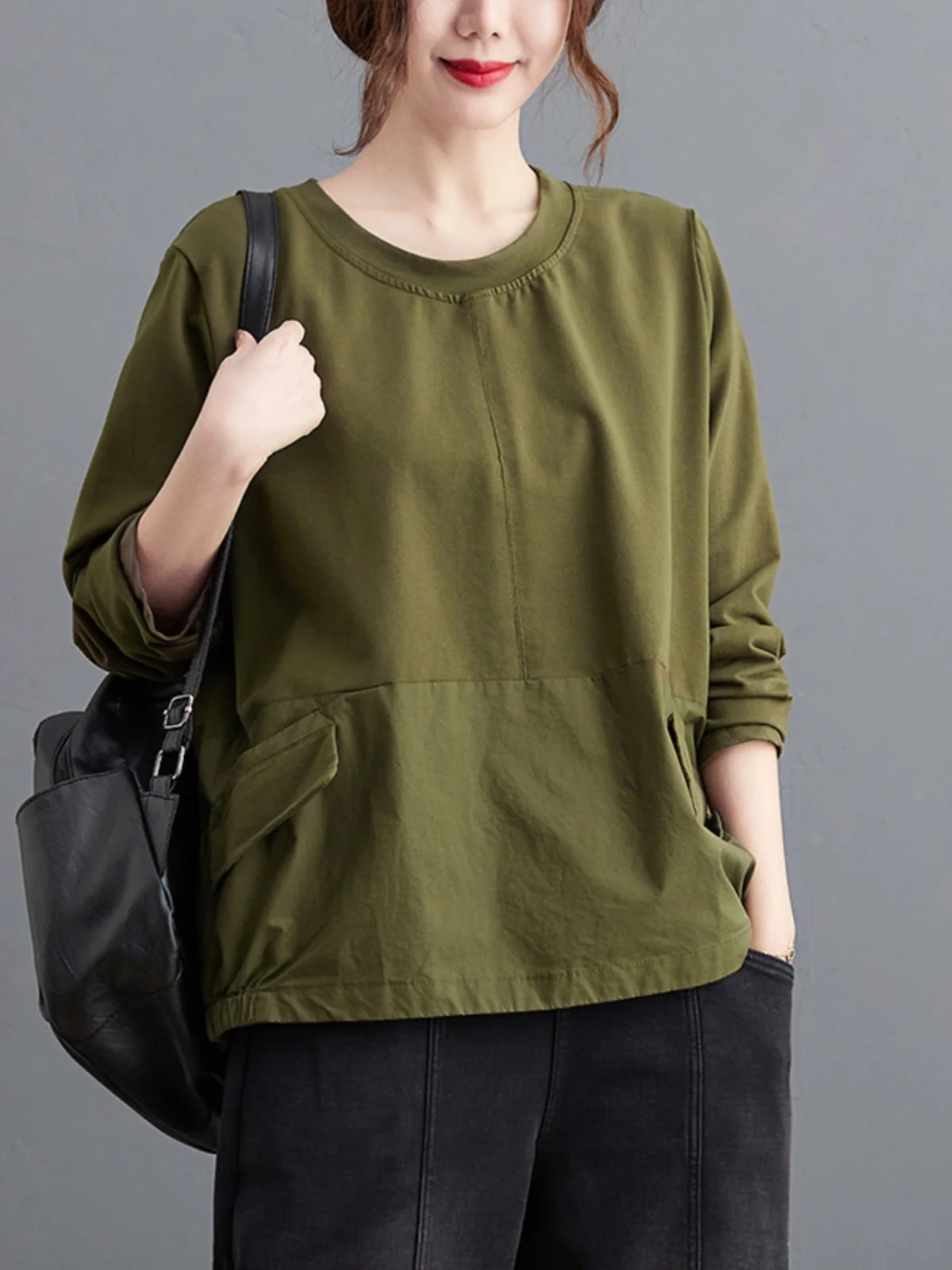 

Slimming Effect Loose Long Sve T-irt Women's Spring Autumn Casual Sle Boting irt Top Classic Pattern round Ne