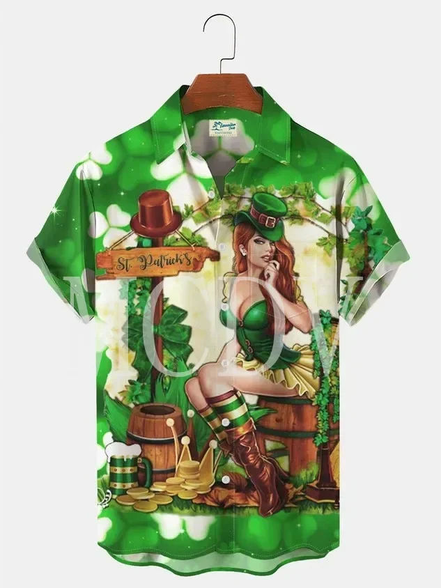 Royaura St. Patrick's Day Green Shamrock Gold Coin Breast Pocket Hawaiian Shirt Oversized Vacation Wrinkle Free Shirt