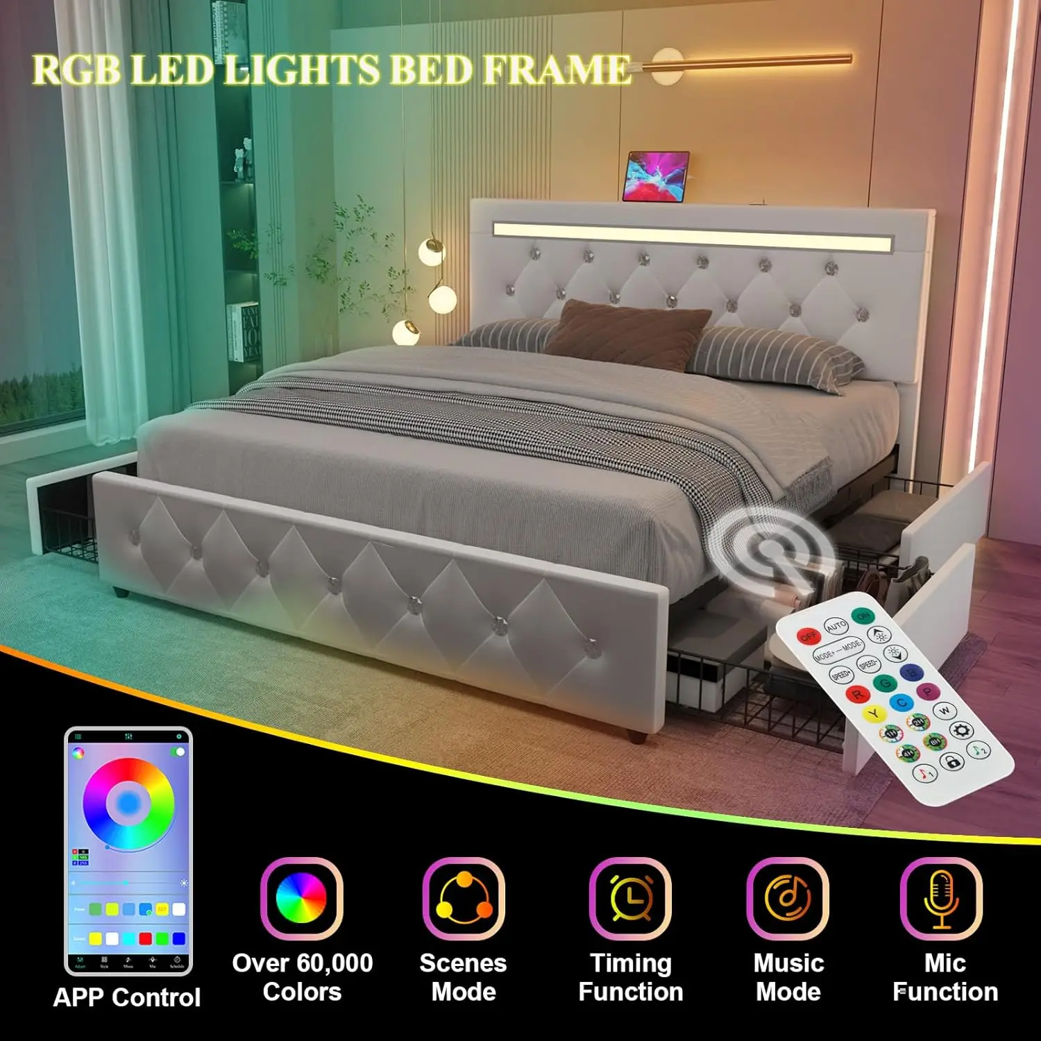 Marco de Cama grande con 4 cajones y cabecero LED ajustable, cama de almacenamiento con plataforma acolchada de cuero PU