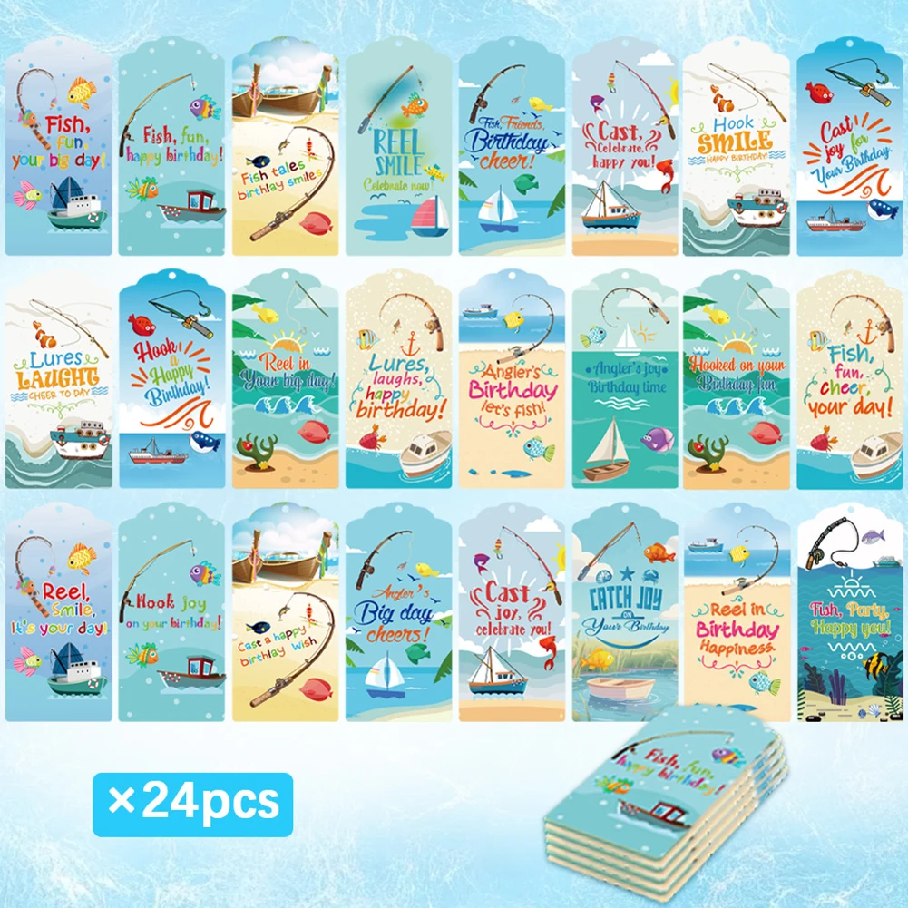 24 Sets Fishing Party Favor Kit Candy Little Tackle Boxes Floaters with Thank You Cards for Fishing Theme Party