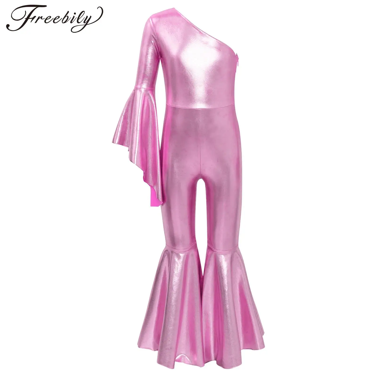 Kids Girls Shiny Metallic Bell-Bottoms Long Flare Sleeve Bodysuit Jumpsuit Jazz Latin Carnival Performance Costume Dancewear