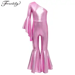 Kids Girls Shiny Metallic Bell-Bottoms Long Flare Sleeve Bodysuit Jumpsuit Jazz Latin Carnival Performance Costume Dancewear