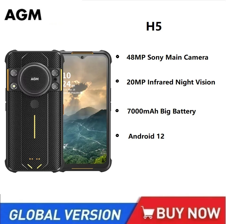 AGM-Smartphone robuste H5, téléphone portable NDavid, 6.5 pouces, 8 + 128 Go, 7000mAh, IP68, IP69K, Android 12, vision nocturne, haut-parleur 3.5W