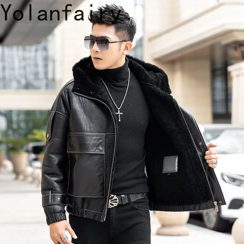 YOLANFAIRY سترة من جلد الغنم الطبيعي للرجال معطف الفرو الحقيقي ملابس شتوية سترة جلدية مع غطاء محرك السيارة جاكيت من الصوف الرجال بومبير 2024