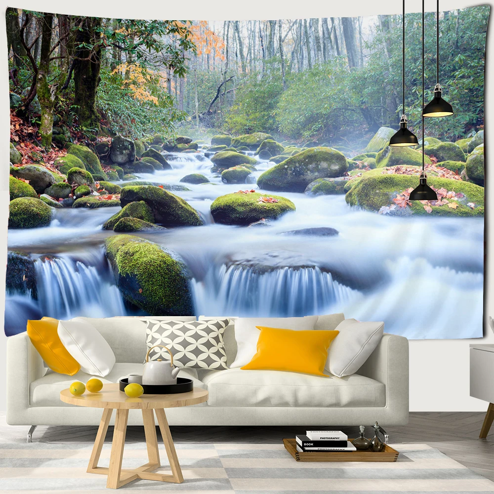 Chinese Style Landscape Tapestry Mountain Waterfall Lotus Crane Natural Scenery Wall Hanging Garden Decor Mural Decorative Mat