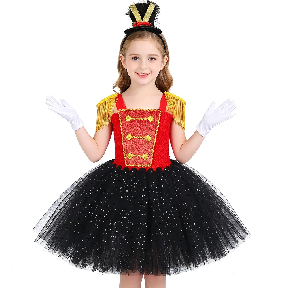 Glitter Sequins Circus Ringmaster Costume Girls Showman Nutcracker Tutu Dress Kids Halloween Carnival Festival Party Dress Up
