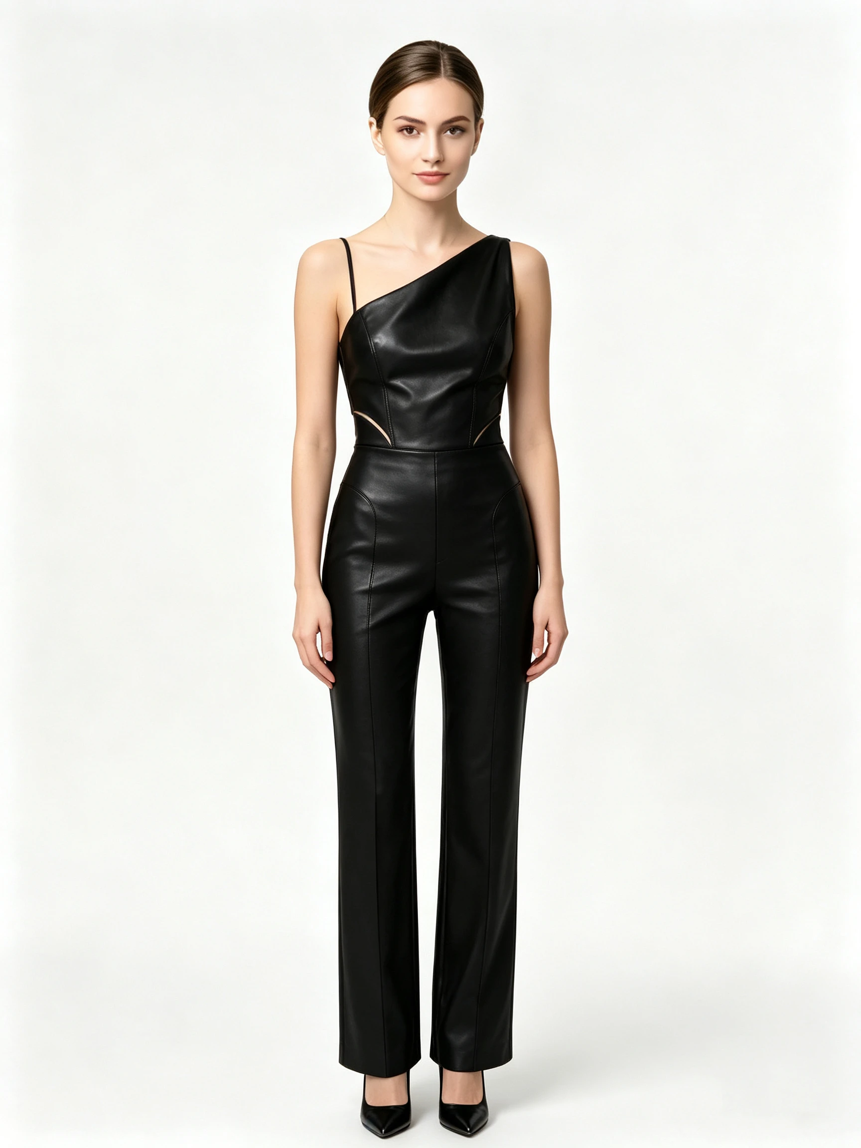 Women's Faux Leather One-Shoulder Jumpsuit with Waist Cut-outs and Wide Legs