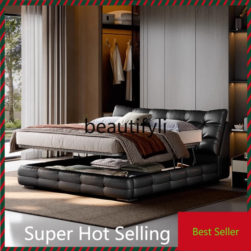 

A71 Black Top Layer Cowhide Double Bed 1.8m Master Bedroom Soft Leather Bed