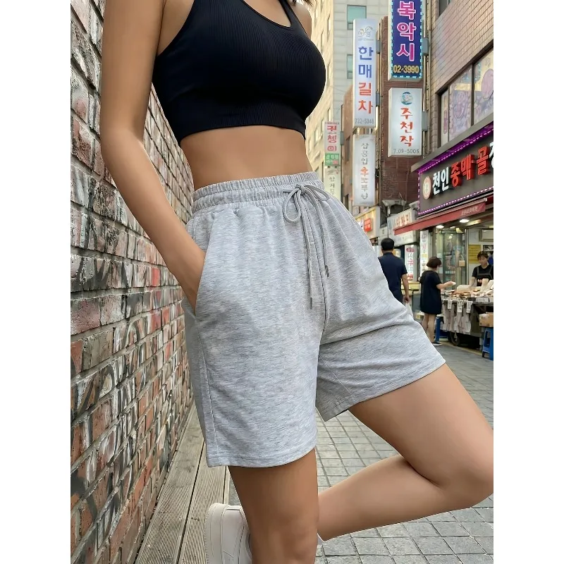 

Women's Casual Shorts with Drawstring Waist, Double Pockets, Elegant Solid Color, Loose Fit, Suitable for Both Men and Women