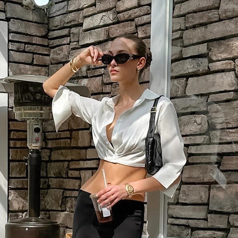 투트윈스타일 핫걸 스타일 여성용 셔츠, 라펠 쓰리 쿼터 슬리브 미니멀리스트 화이트 컬러 숏 셔츠 여성 의류