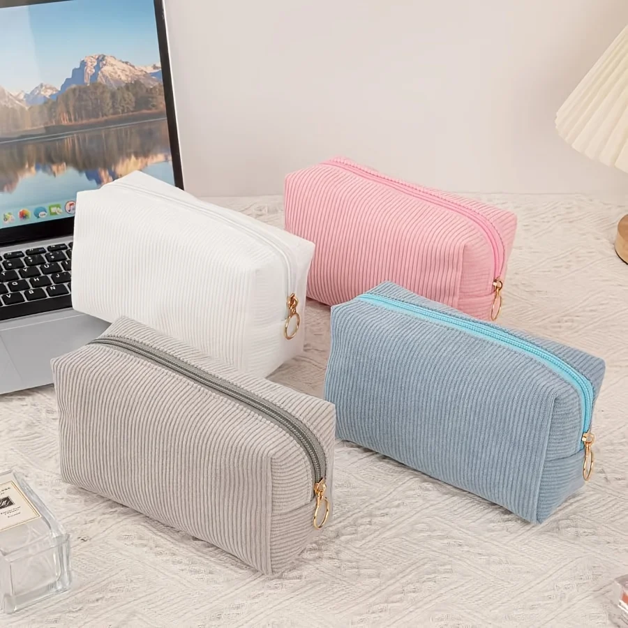 1pc Corduroy Makeup Bag Pencil Case Large Capacity Solid Stationery Storage Bag School Desktop Organizer Travel Lipstick Bag