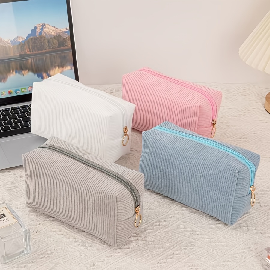  1pc Corduroy Makeup Bag Pencil Case Large Capacity Solid Stationery Storage Bag School Desktop Organizer Travel Lipstick Bag 