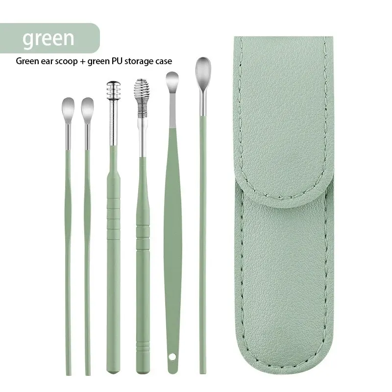 Cucchiaino per le orecchie Strumento per la raccolta delle orecchie in sei pezzi Cucchiaio per la raccolta delle orecchie in acciaio inossidabile Borsa in pelle Cucchiaio per la pulizia delle orecchie Facile da trasportare a casa